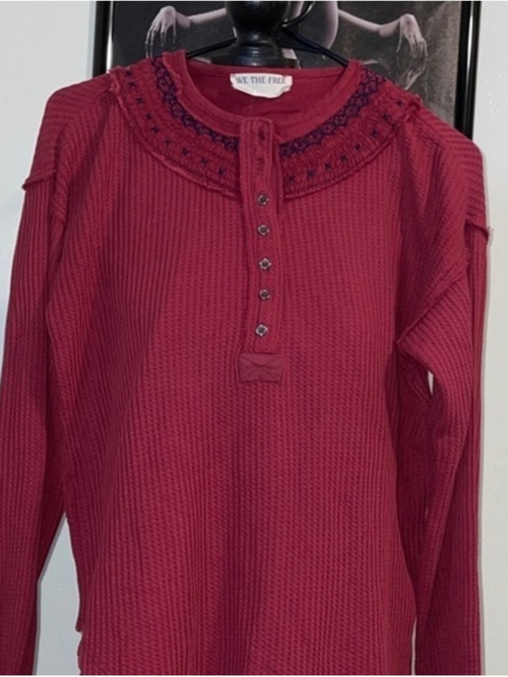 We The Free Deep Red Waffle Henley Sweater with Embroidered Yoke